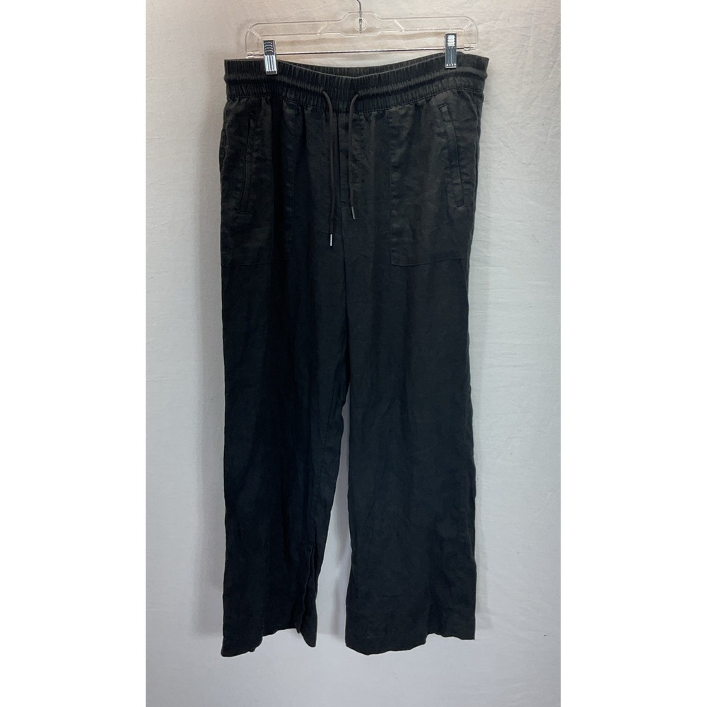 Athleta Retreat Linen  High Rise Wide Leg Pants M BLACK  casual vacation pull on